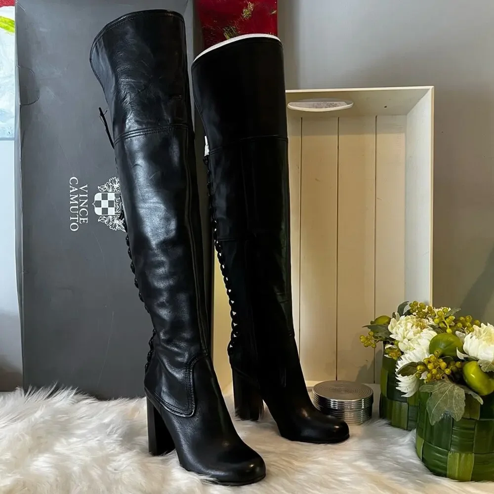 NEW Vince Camuto Corset Calf Leather Laced Tolla Over The Knee Boots Black Sz 6
